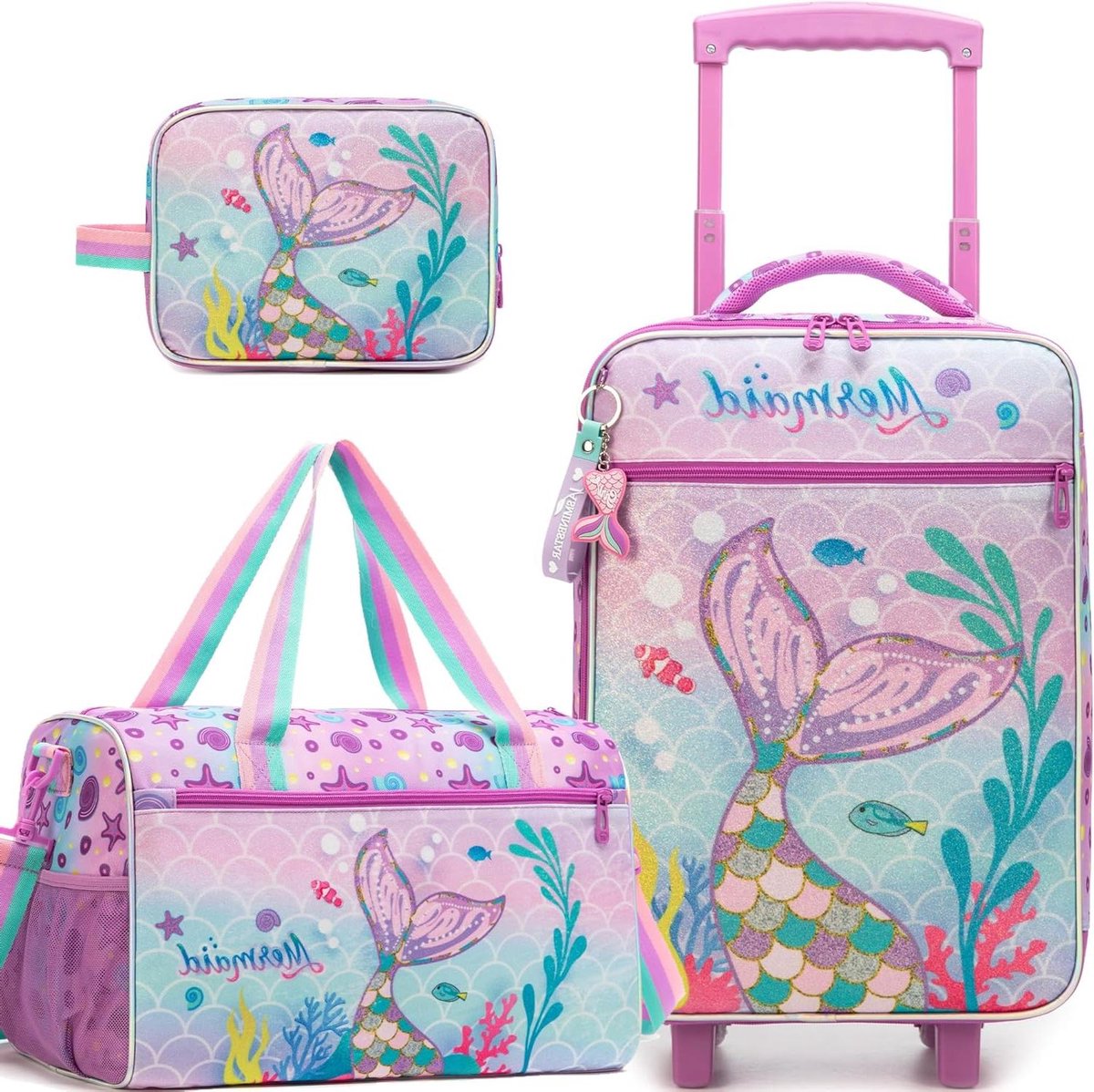 Kinder Koffer - Reistas Set - Weekendje Weg - Mermaid Cat Design - 41 x 30 x 10 cm - Meerkleurig