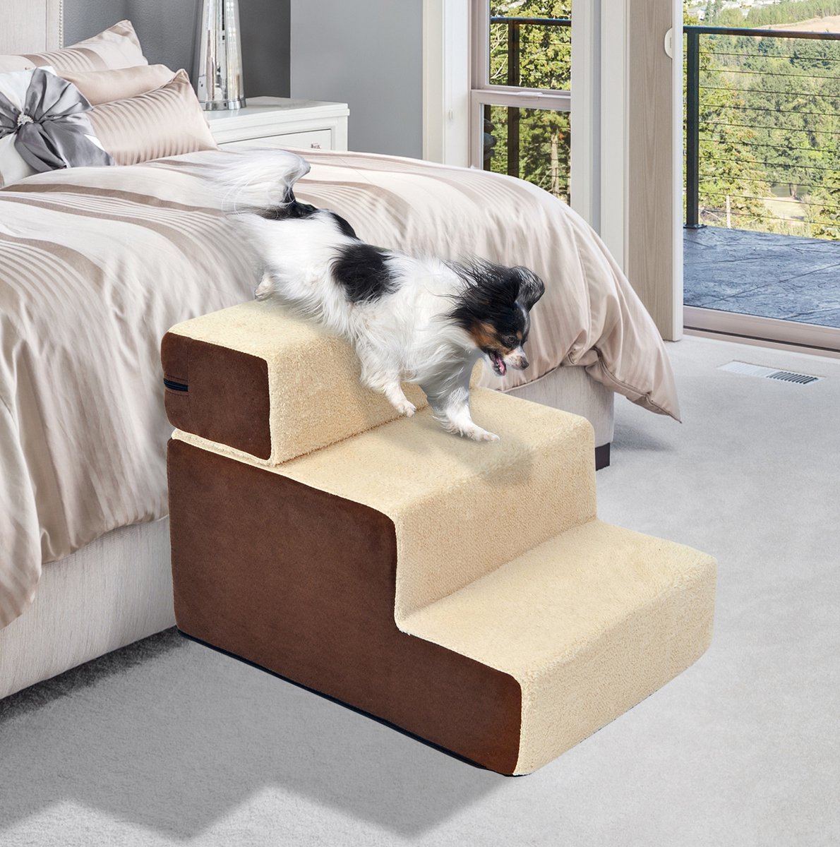MEUNIQ Hondentrap met 3 treden, afneembare bovenste trede, pluche bekleding, 54 x 40 x 39 cm, schuim, beige, opstaphulp voor hond en kat bij bank of bed
