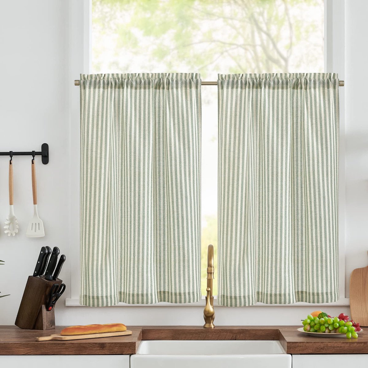 Vitrage Groen Gestreepte Bistrogordijn Strepen Semi-Transparant Vitrage Keuken Gordijnen 65x60cm (BxH) Korte Venstersjaal voor Woonkamer Kleinfenster Landhaus Set van 2