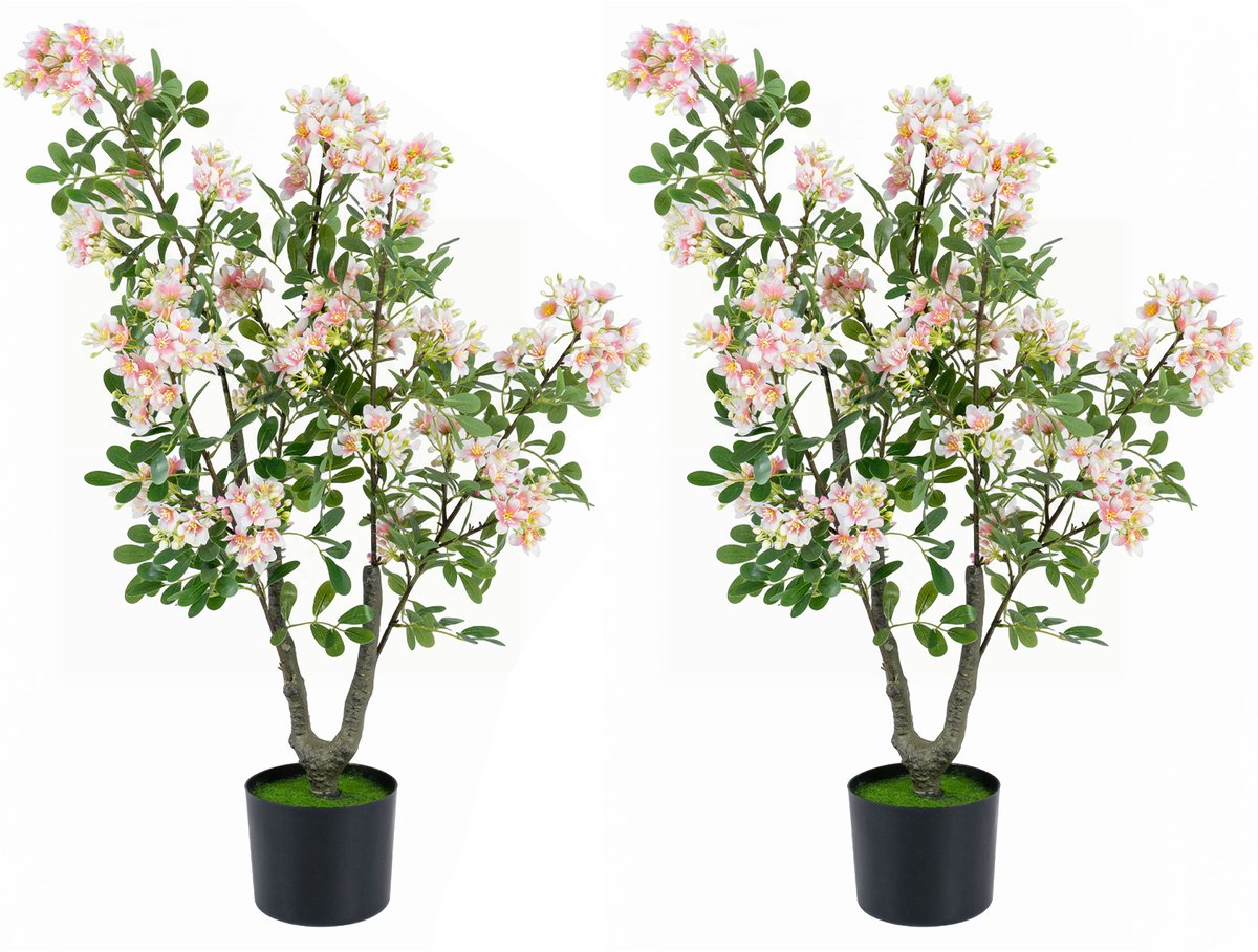 COSTWAY Set van 2 Kunstmatige Vlijtige Liesjes 90 cm Cementpot | Kunstbloem met Kunstgras 5 Bloeiende Takken, Kunstplant Binnen Buiten voor Woonkamer Slaapkamer Kantoor