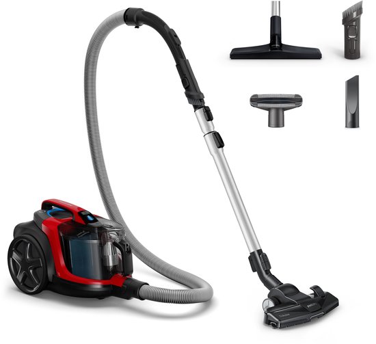 Rode en zwarte Philips PowerPro Expert stofzuiger, compleet met diverse mondstukken.