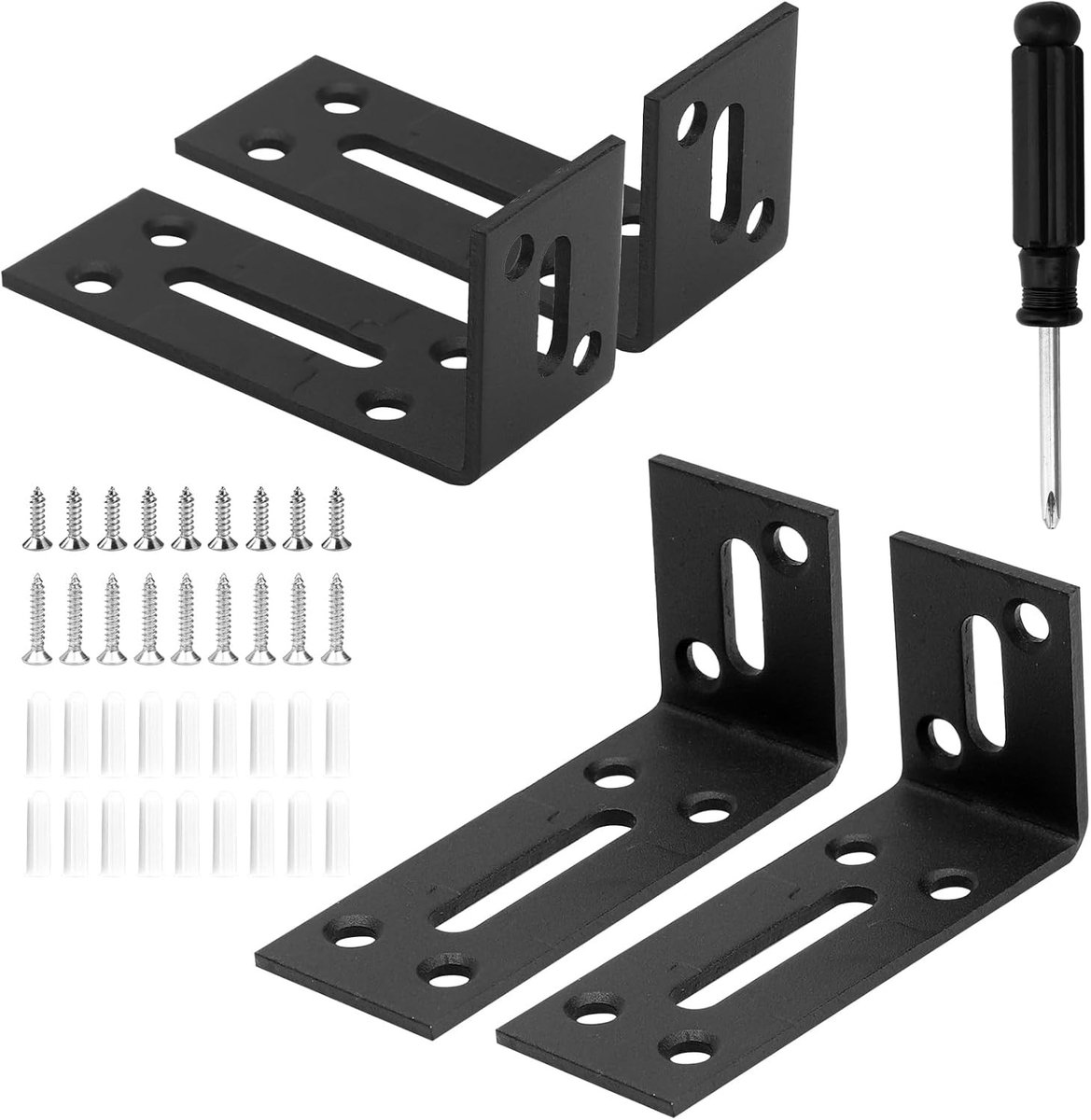 Set van 4 Hoekverbindingen voor Lange Gaten met Schroevendraaier - Zwart Metaal 90° voor Tafel, Stoel en Boekenkast (8 x 4 x 3 cm)