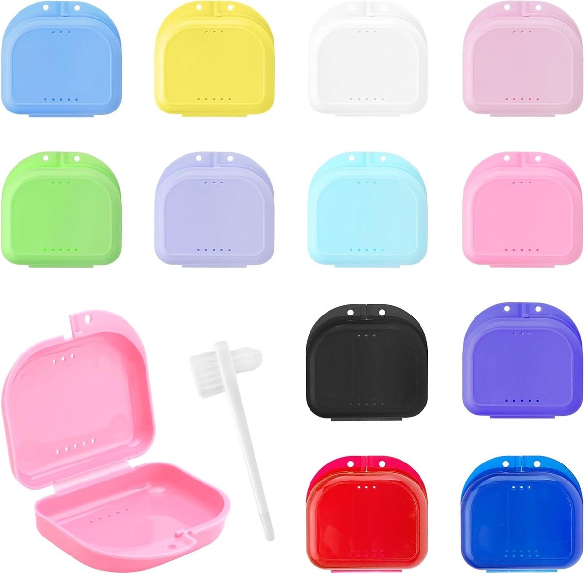 Beugeldozen - Prothesedoos Tandrail - Hygiënisch Opbergen - Inclusief Reinigingsborstel - 12 Stuks - Diverse Kleuren