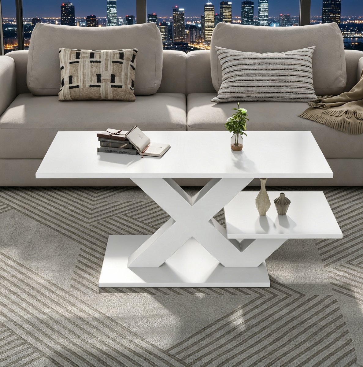 HAUSS SPOLE Salontafel - Hoogglans Met Dubbel Tafelblad - Voor Woonkamer En Slaapkamer - MDF - 100x48x45 Cm - Wit