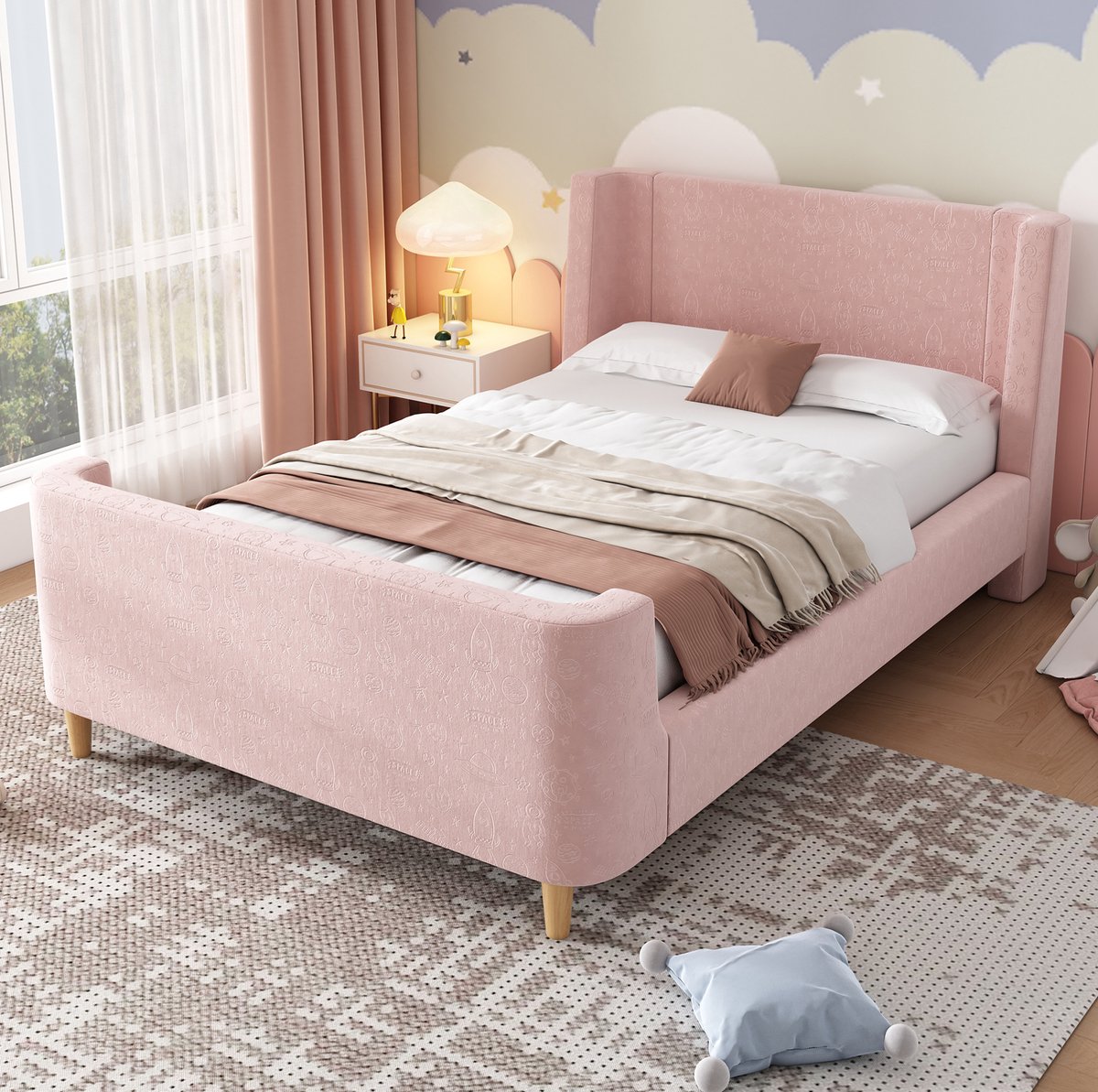 MEUNIQ Kinderbed 90x200 cm normaal bed met gestoffeerd sleebed, lattenbodem, kosmisch patroon, voor kinderkamer, roze, zonder matras