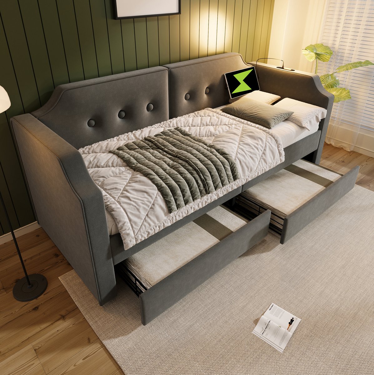 MEUNIQ bedbank 90x200 cm met 2 opberglades, USB Type-C en leeslamp, grijs velours eenpersoons slaapbank met houten lattenbodem voor slaapkamer of logeerkamer