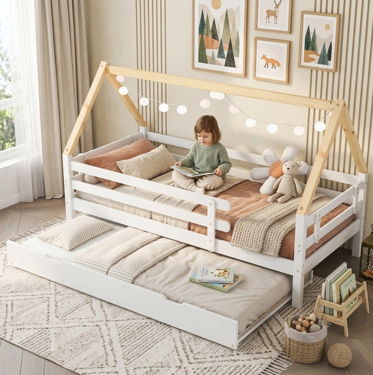MEUNIQ Kinderbed huisbed 90x200 cm met uitschuifbed op wielen, 4-zijdige veiligheidshekken, houten lattenbodem, wit en naturel, voor kinderkamer