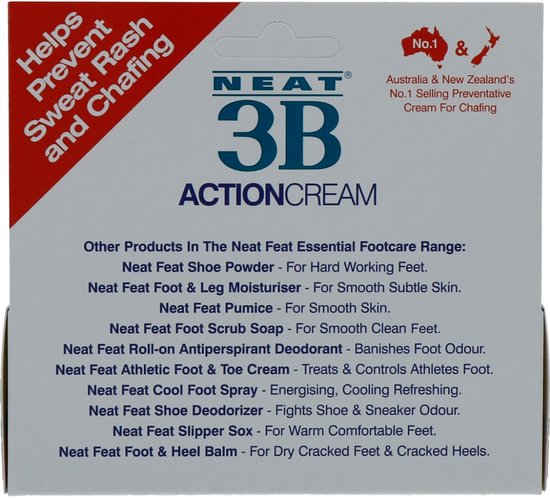 Neat 3B Action Cream doos met rode en blauwe tekst. "Helps Prevent Sweat Rash and Chafing".