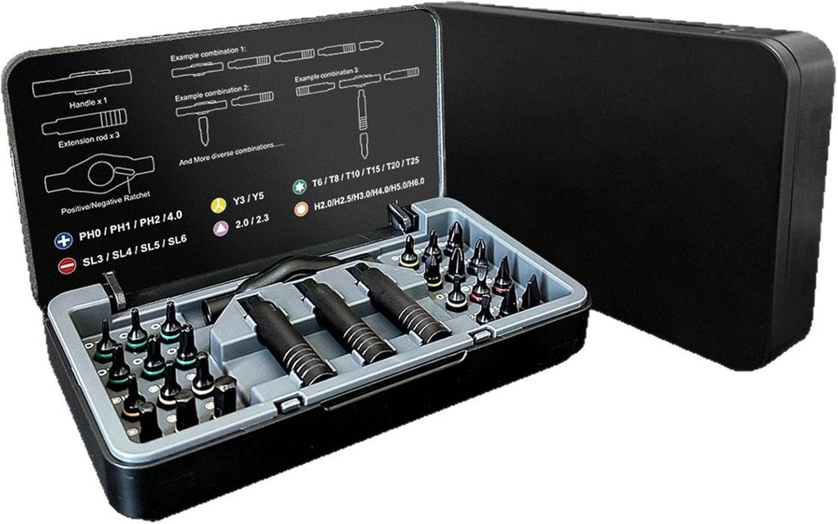 Magnetische Ratelschroevendraaier - Multifunctioneel Gereedschap - Meubelmontage - 24-in-1 Bitsysteem - Compacte Doos - Grijs