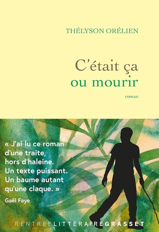 Boekomslag 'C'était ça ou mourir' van Thélyson Orélien. Silhouet van een persoon tegen een aquarel van groen en blauw.