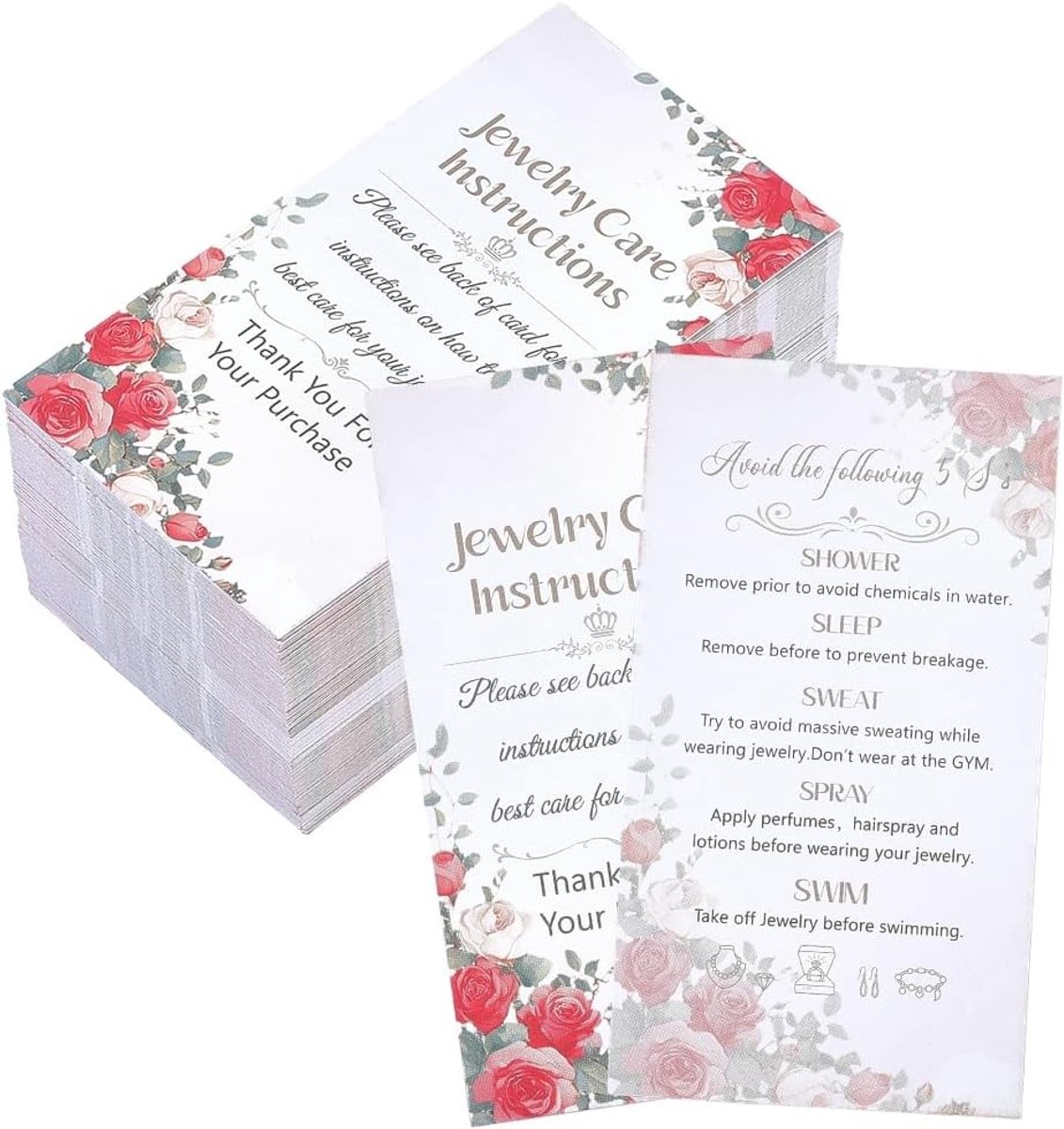 240 Stuks Sieraden Instructiekaarten 5x9 cm met Indisch Rode Bloemenprint en Onderhoudstips voor Sieraden