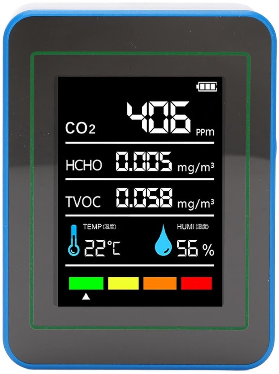 Luchtkwaliteitsmeter - CO2 meter - Binnenklimaat Bewaken - Draagbaar Ontwerp - 15 x 11 x 9 cm - Wit en blauw