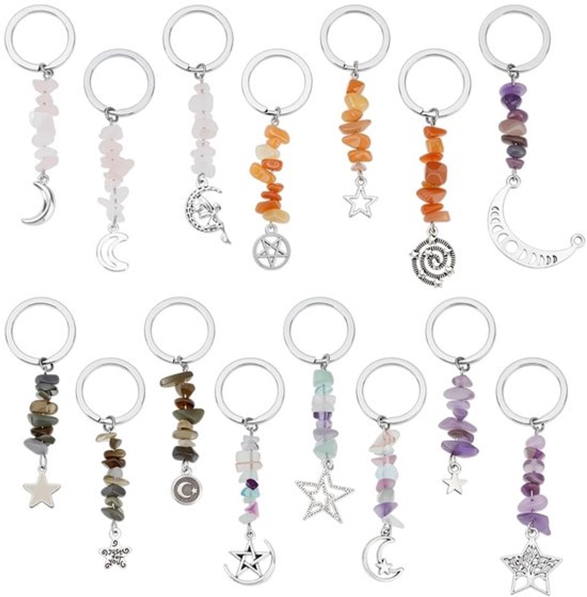 Sleutelhanger set met 15 geminstrepenstenierenklarenstenen