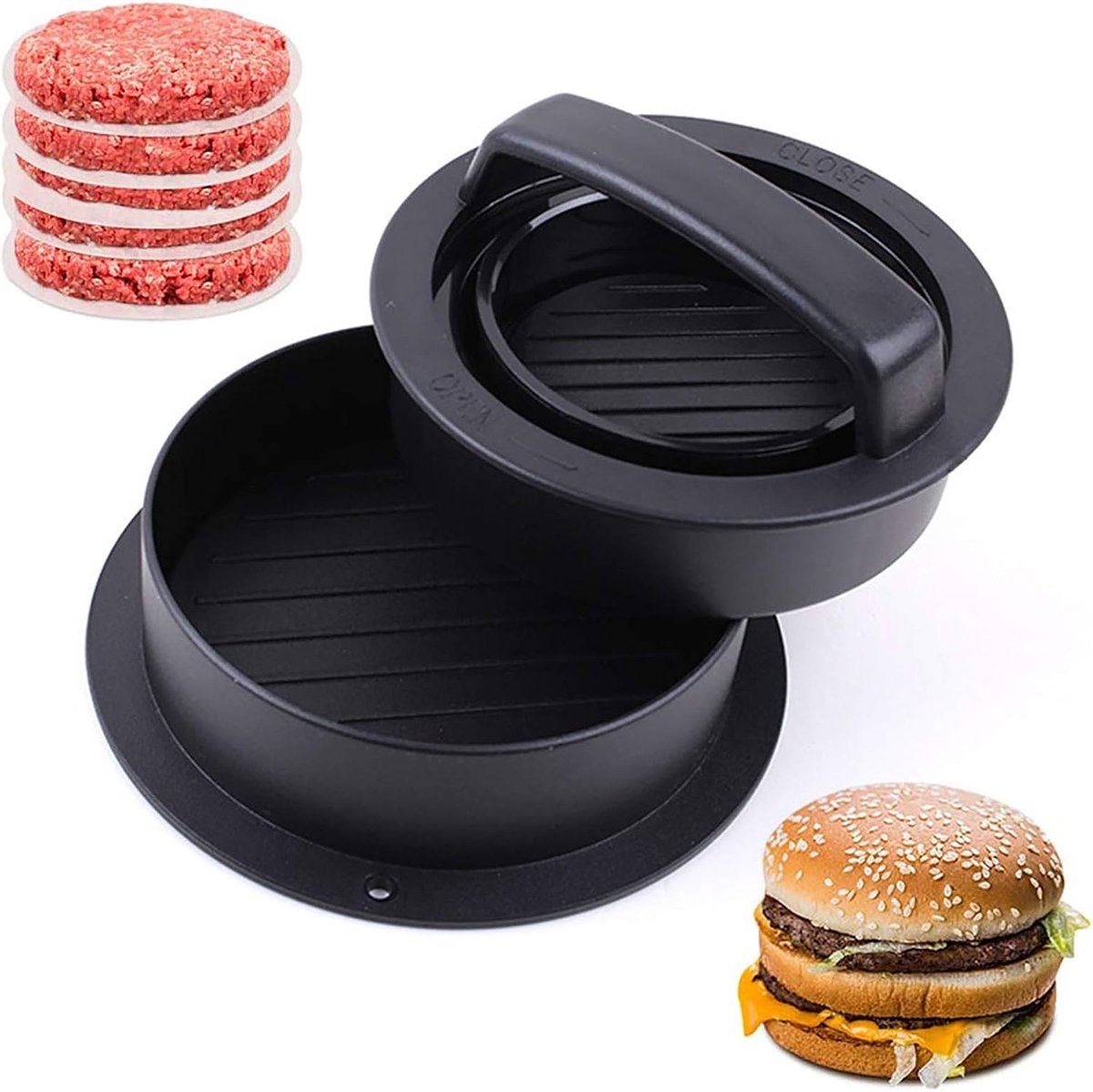 Burger Pers Patty Maker Gevulde Burgers Maken 3-in-1 Functie 12.5 cm Zwart