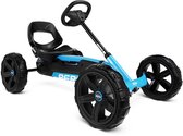 Blauwe BERG skelter met zwarte, grote wielen en een sportief stuur.