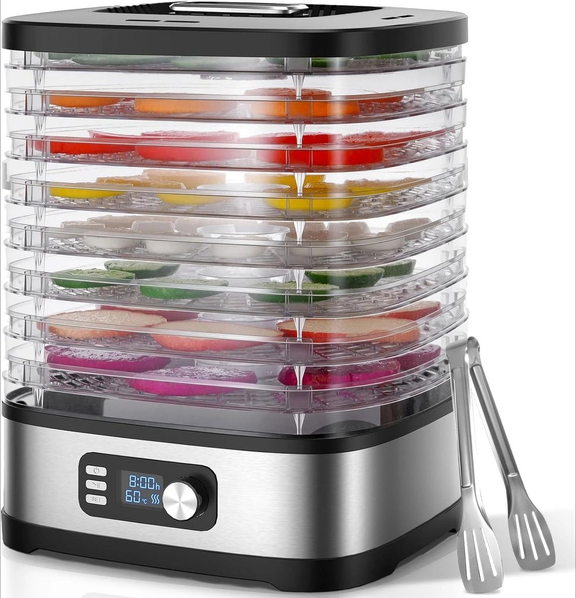 Emvae Voedseldroger - Droogautomaat - Dehydrator - Elektrisch - 8 Lagen - 35-70 °C - 72 Uur Timer - RVS/ABS - Zilver
