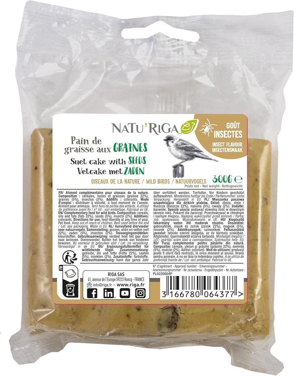 Vetbrood voor Vogels - Met Zaden en Insecten - Energie Versterkend - Ideaal voor de Winter - 300G