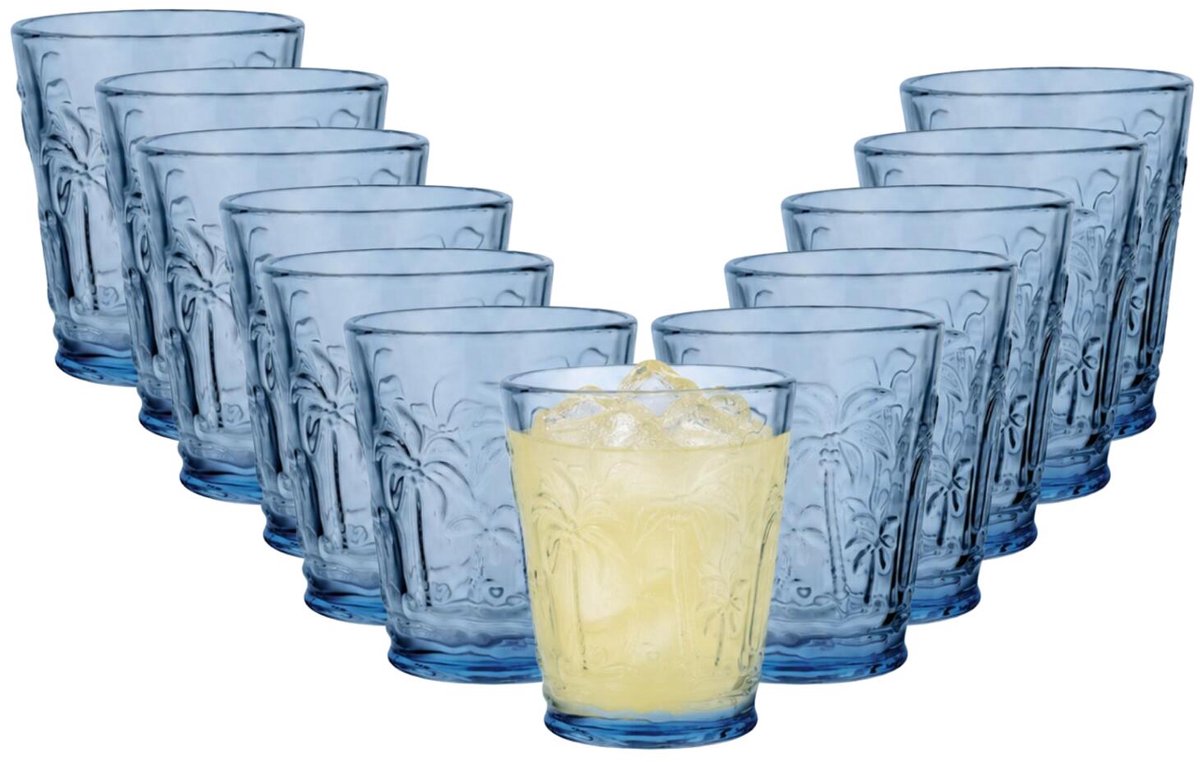 Vivalto Drinkglazen Tropical Palms - waterglazen - blauw transparant - glas - set 12x stuks - 290 ml - stapelbaar