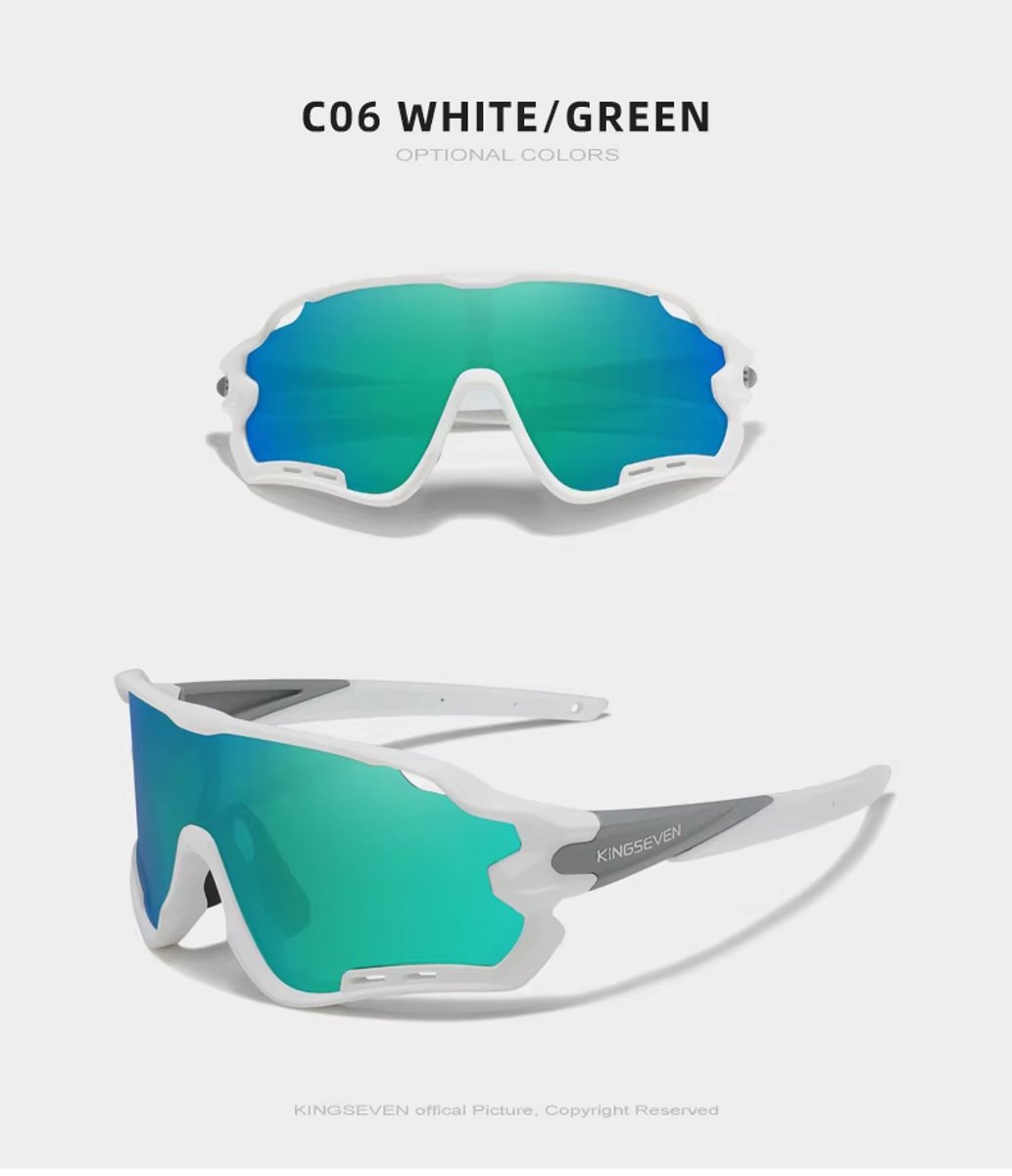 Kingseven Pro Wielren Zonnebril UV400 – Wit Frame – Groen Spiegelglas – 911
