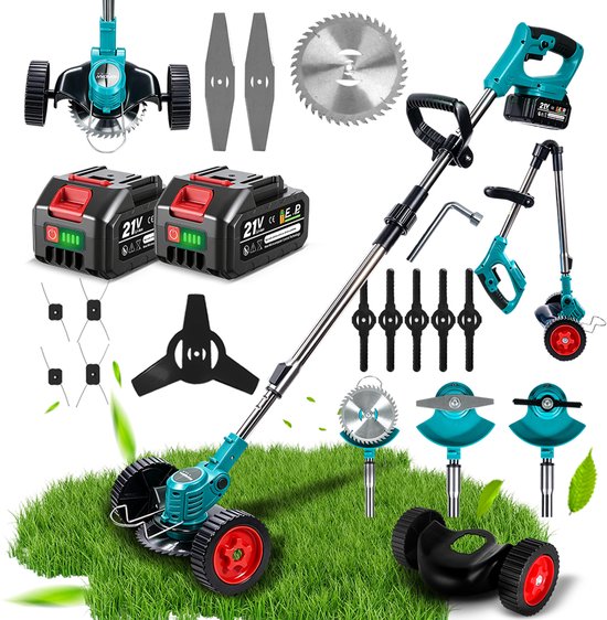 Elektrische grastrimmer met twee accu's, een zaagblad, reserveonderdelen en maaikop.