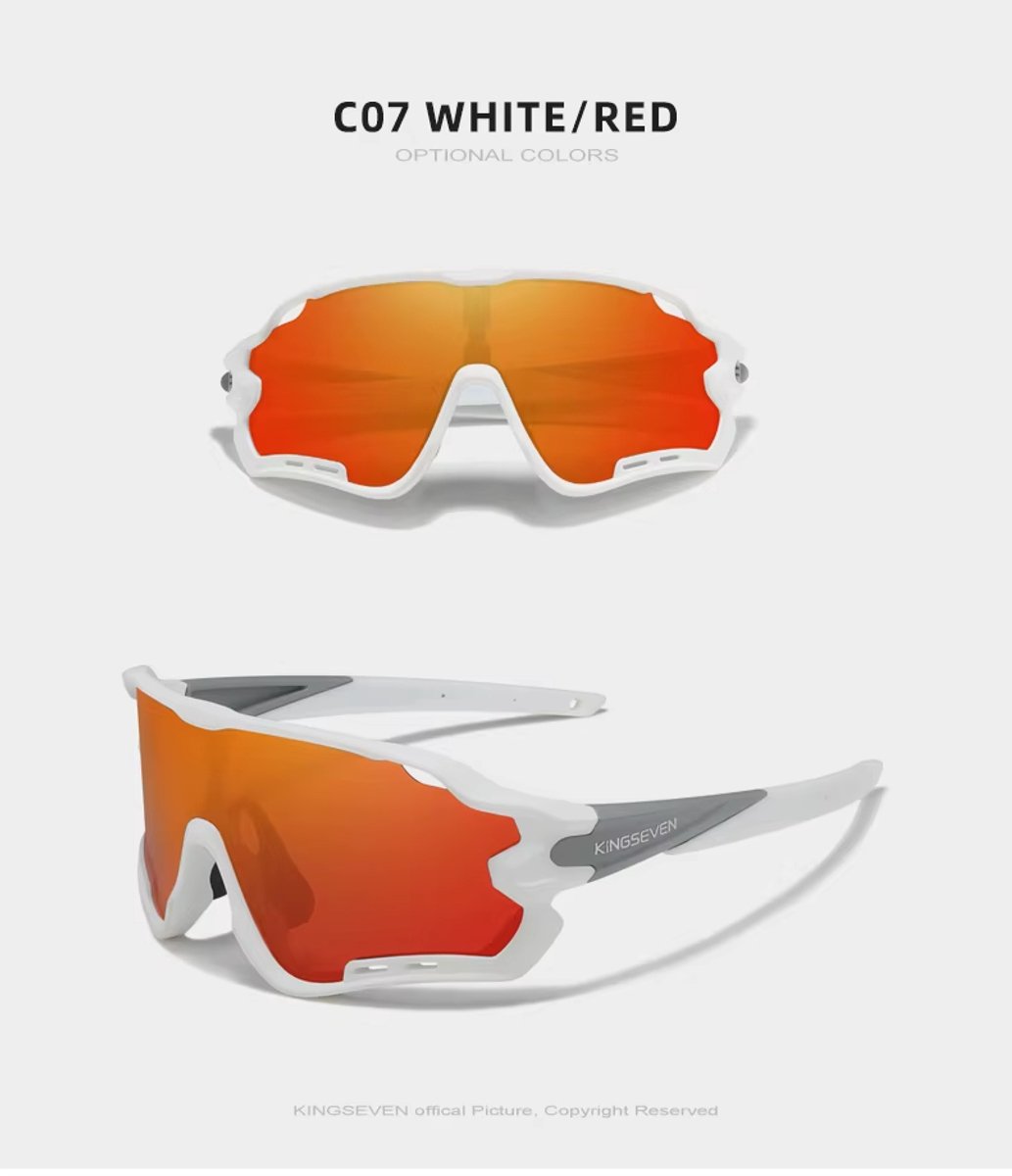 Kingseven Pro Wielren Zonnebril UV400 – Wit Frame – Rood Spiegelglas – 911