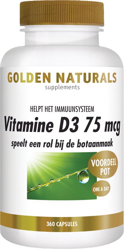 Pot met 360 capsules Vitamine D3 75 mcg van Golden Naturals. Tekst: helpt het immuunsysteem, speelt een rol bij de botaanmaak. Voordeelpot, one a day.