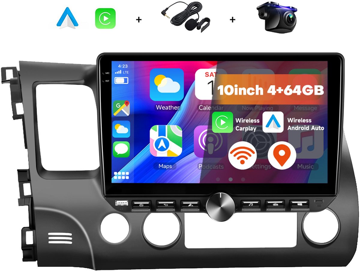 Boscer 2 Din Autoradio - Geschikt voor Honda Civic (2006-2011) - Draadloos Apple CarPlay & Android Auto - Vernieuwd Bedieningspaneel - 4+64GB - 10.1 Inch HD Touchscreen - GPS - WiFi, Bluetooth & USB - Achteruitrijcamera & Microfoon