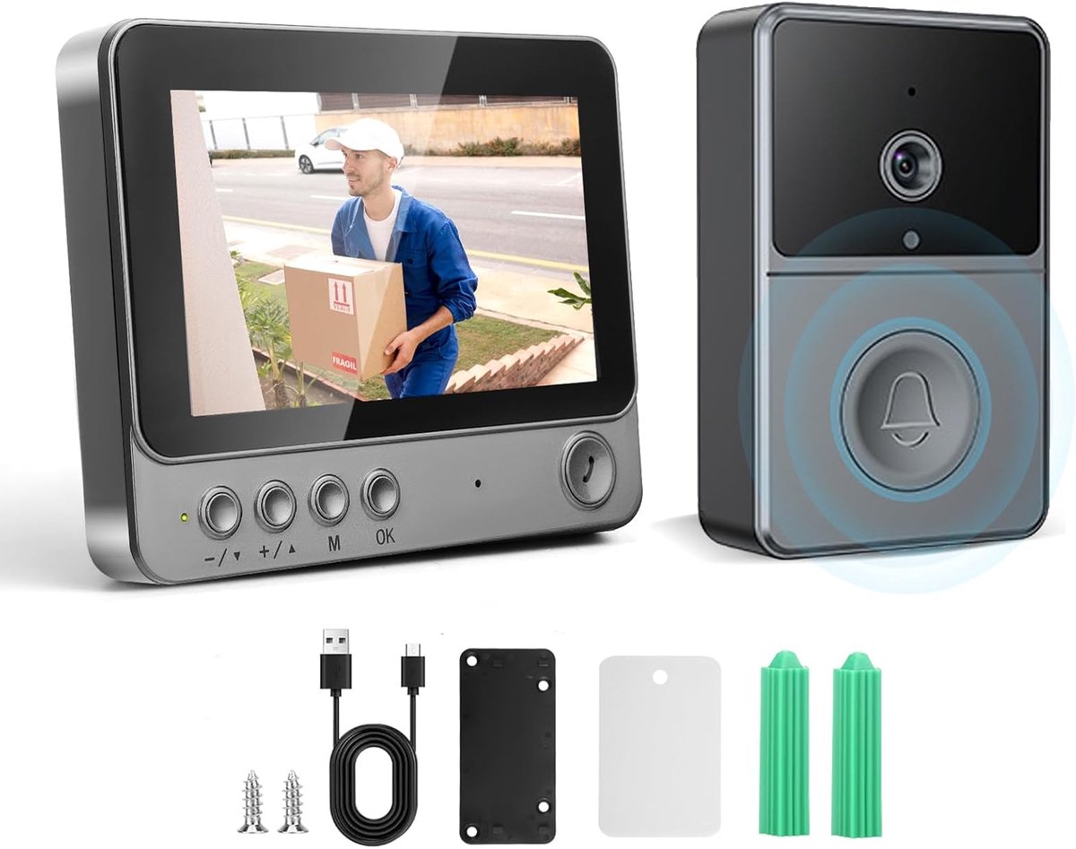Videodeurbel met camera - Draadloze deurbel Slimme deurbel - Veiligheid thuis - 4.3 inch HD scherm - IP65 waterdicht - Grijs