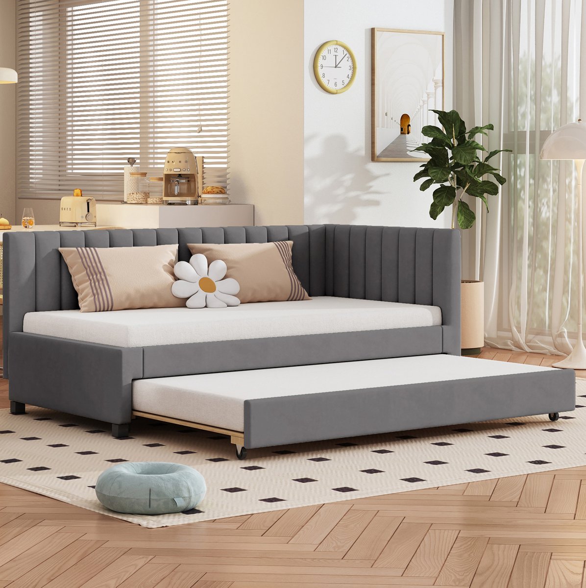 MEUNIQ slaapbank 90x200 cm met uitschuifbaar onderbed, lattenbodem en gestoffeerd hoofdbord, bedbank voor slaapkamer, kinderkamer of logeerkamer, grijs