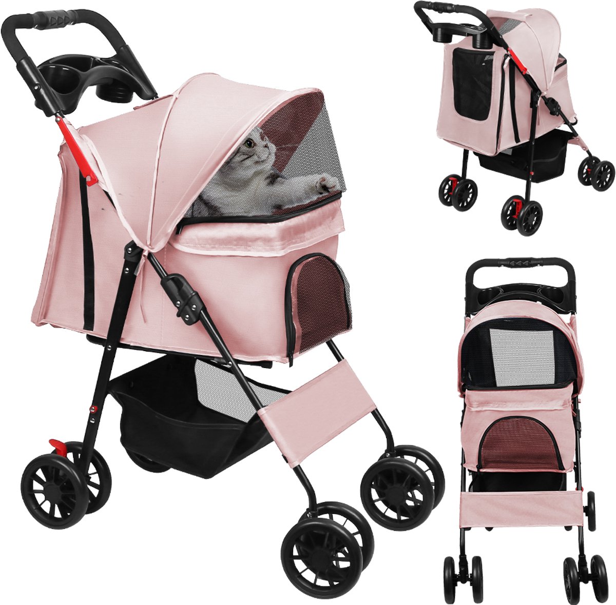 PIPIPOXER Huisdier wandelwagen-reiswagen -huisdier-Hondenbuggy tot 20 kg-kattenwagen- 4 stuks rubberen wielen met schokdemping- mand en zonwering -buggy-Tas - Oxfordstof-roze