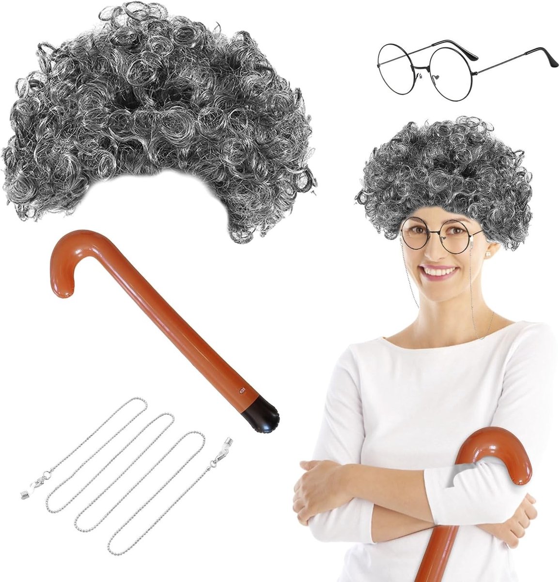 Grijze Krullende Perücke met Bril en Opblaasbare Wandelstok voor Oudere Dames Kostuum Accessoires en Cosplay Feestelijkheden