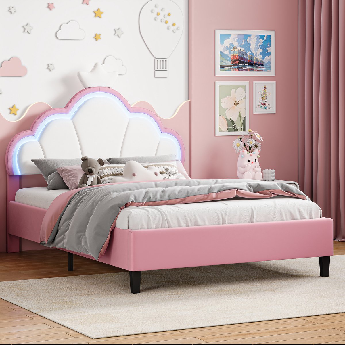 Solvenrik Prinsessenbed 140x190 Roze/Wit Velvet – Kroon & LED