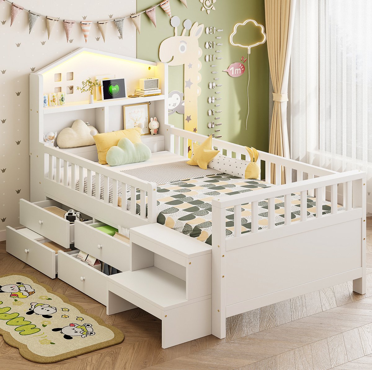 MEUNIQ Kinderbed 90 x 200 cm met veiligheidshek, 4 lades, zijtreden, LED-verlichting, USB en Type-C, lattenbodem, houten bedframe voor kinderkamer, wit