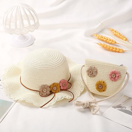 Set van strohoed en mini-crossbodytasje voor kinderen, 2-in-1 zomeraccessoire voor peuters, meisjes en jongens, lichtgewicht zonnehoed voor op het strand met schattig schoudertasje voor kamperen en wandelen, Gebroken wit