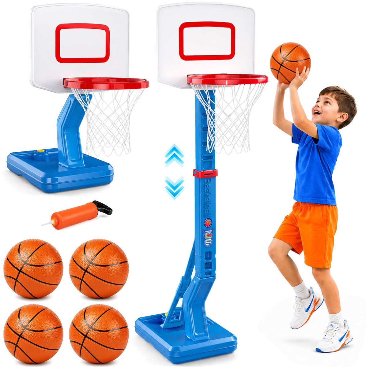 SnelShoppen - In hoogte verstelbare basketbalkorf voor kinderen 3-8 jaar, basketbalmand met standaard, speelgoed voor kinderen, indoor en outdoor gebr