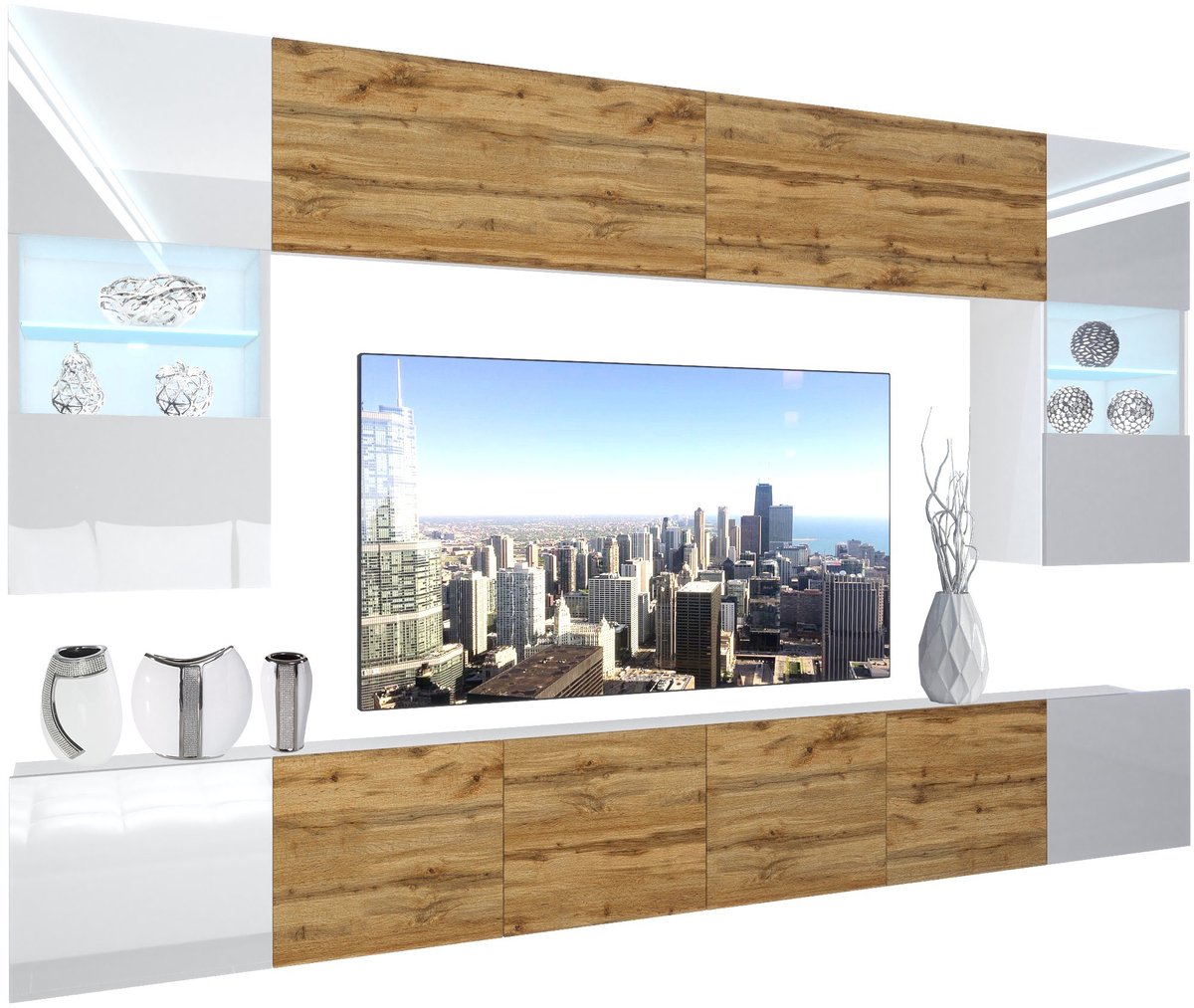 BELINI Wandmeubel NEX 1 - TV-Wandkast Set met LED-Verlichting Wit / Wotan Eiken - Hoogglans Fronten