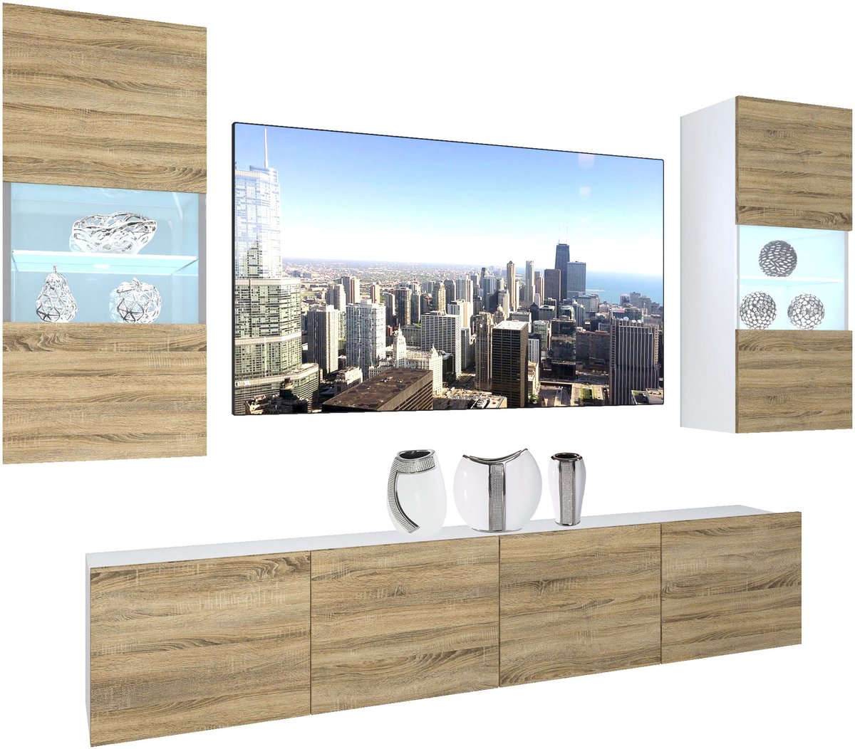 BELINI Wandmeubel NEX 7 - TV-Wandkast Set met LED-Verlichting Sonoma Eiken - Hoogglans Fronten