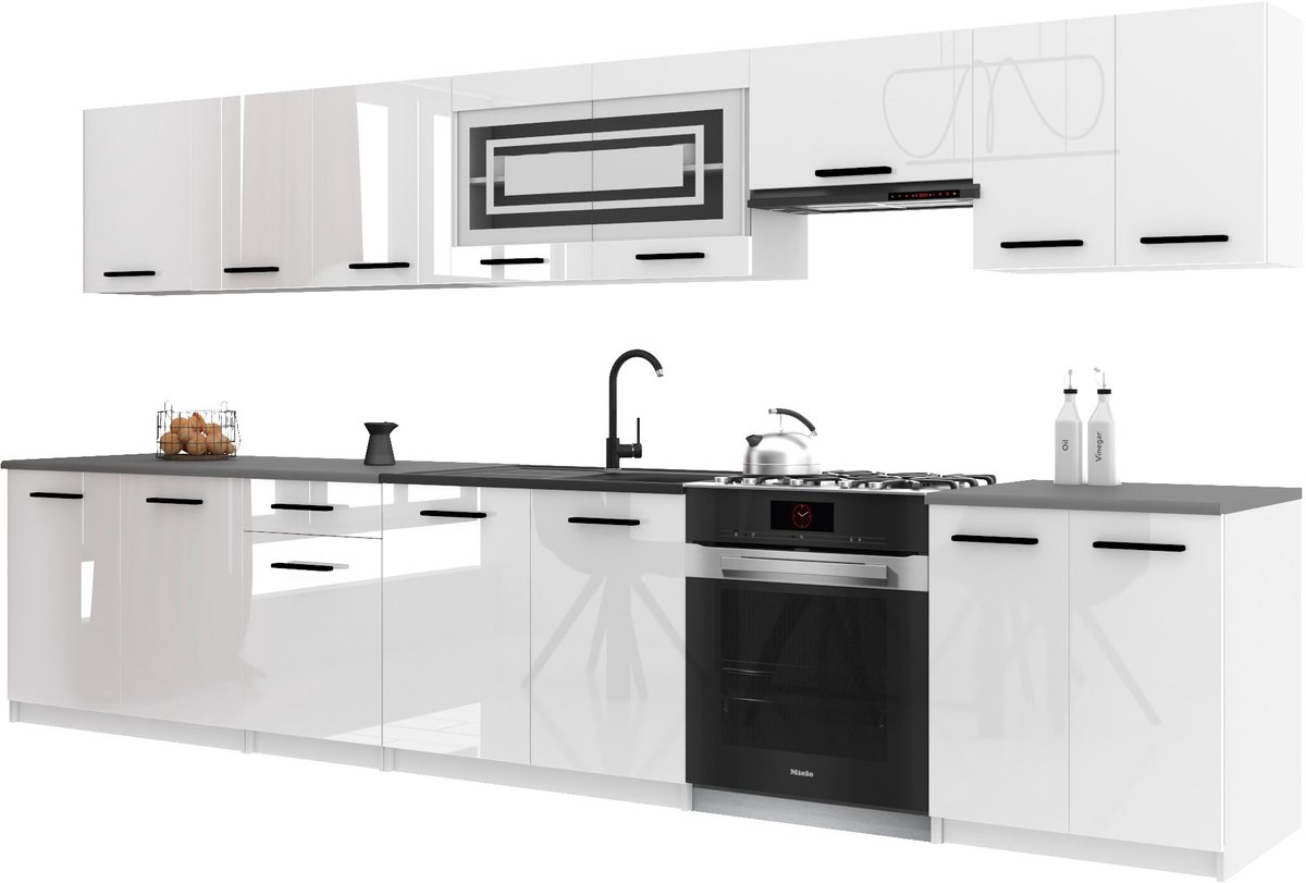 BELINI Keukenblok ITALIA 3 - Keukenmeubel Set 320 cm Wit Hoogglans met Werkbladen - Boven- en Onderkasten