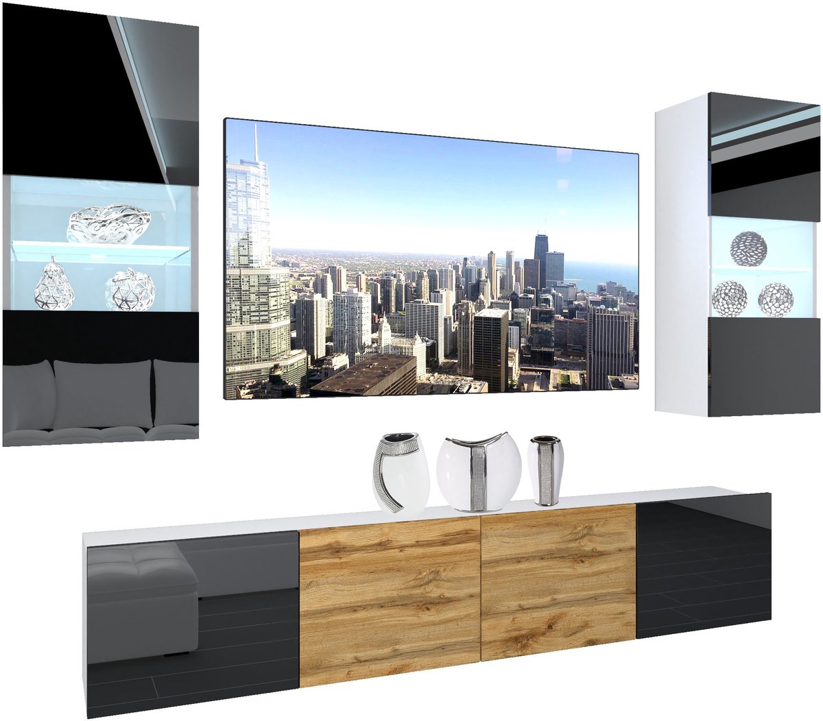 BELINI Wandmeubel NEX 7 - TV-Wandkast Set met LED-Verlichting Zwart / Wotan Eiken - Hoogglans Fronten
