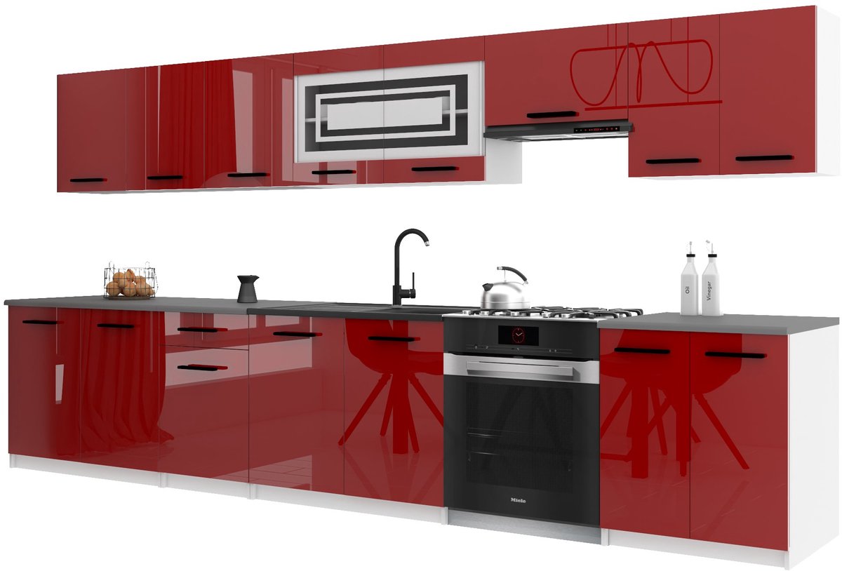 BELINI Keukenblok ITALIA 3 - Keukenmeubel Set 320 cm Rood met Werkbladen - Boven- en Onderkasten