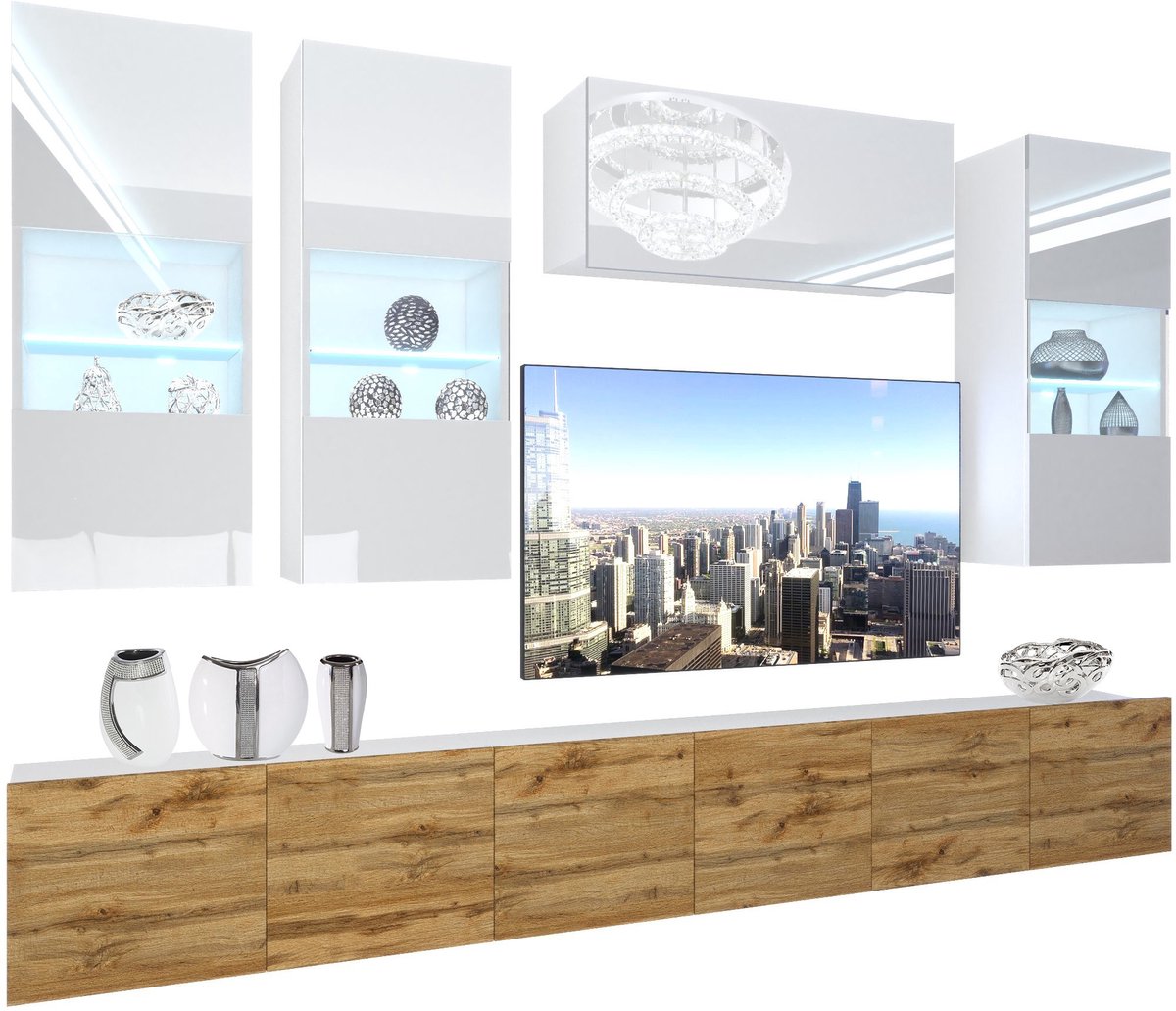 BELINI Wandmeubel NEX 5 - TV-Wandkast Set met LED-Verlichting Wit / Wotan Eiken - Hoogglans Fronten