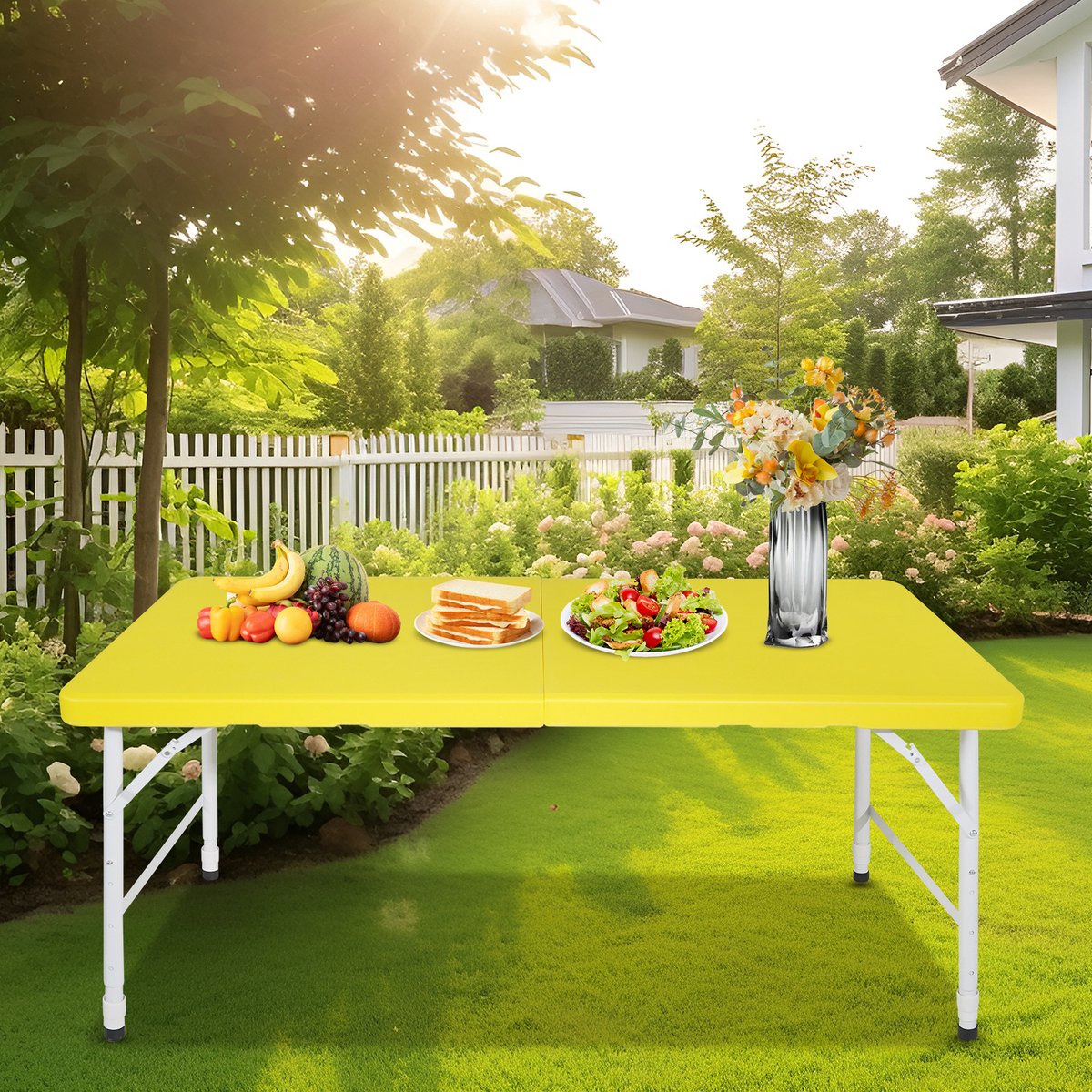 MODENUIT Tuintafel - Opvouwbaar Met Handgreep En Verstelbare Hoogte - Voor Picknick Binnen En Buiten - Geel - 125x61 cm