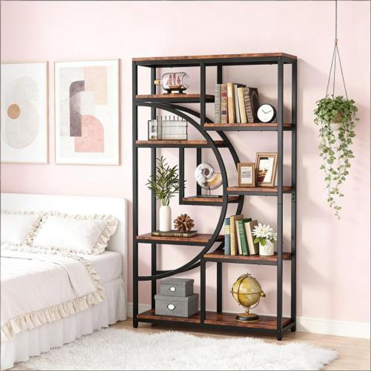 REDOM - Boekenkast - Geometrisch design - Open structuur - 9 open vakken - Metaal en houtlook - Zwart - Rustiek bruin - 95 x 30 x 175 cm