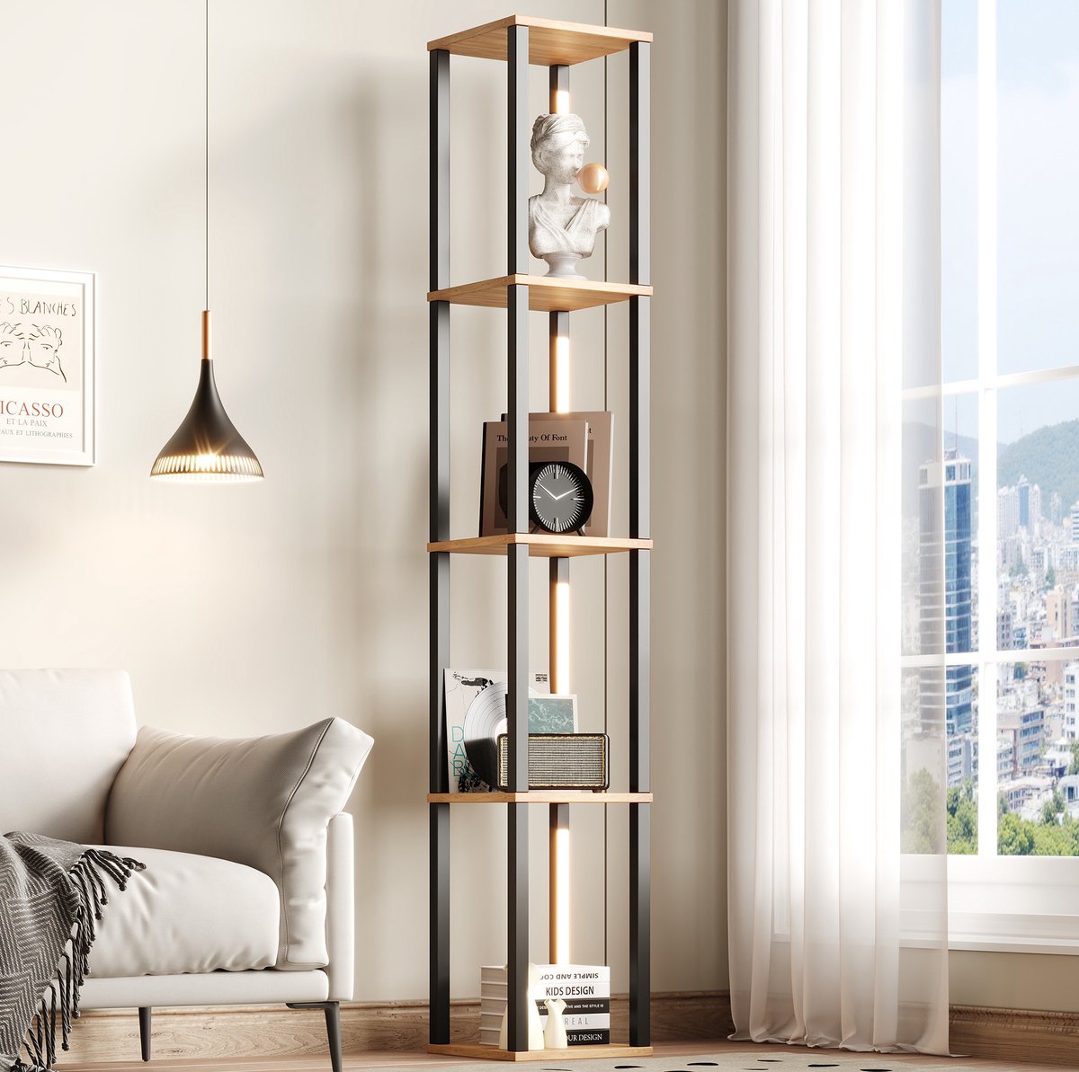 MODENUIT Stellingkast - 4 Lagen Met Ledverlichting - Open Kast Woonruimte - MDF - Zwart Naturel - 26x26x165 Cm