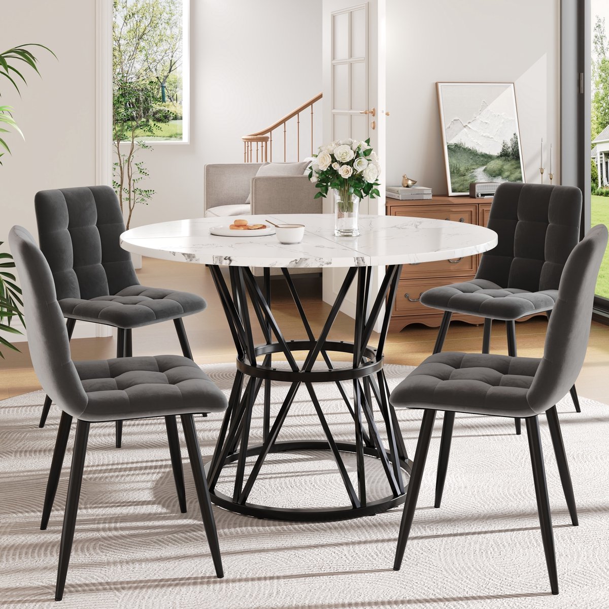 COVREO Eettafelset 100x100x76 cm zwart en grijs, metaal, 4 stoelen