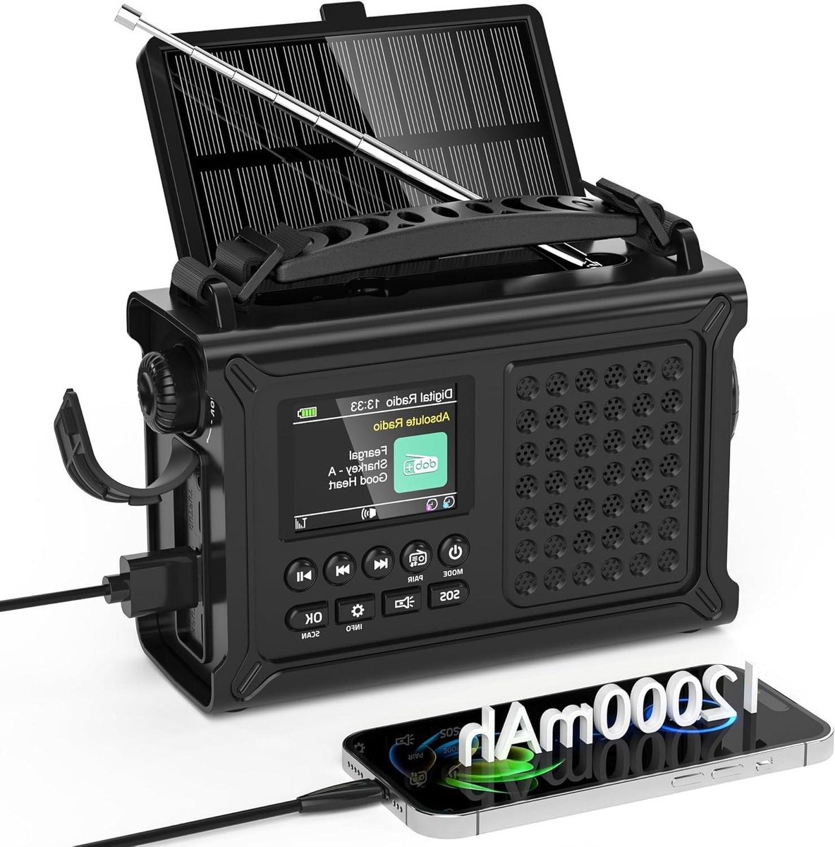 Digitale Radio - Noodradio Solar - Buitenactiviteiten Muziek - 12000mAh Batterij - 80 Zenders - Zwart