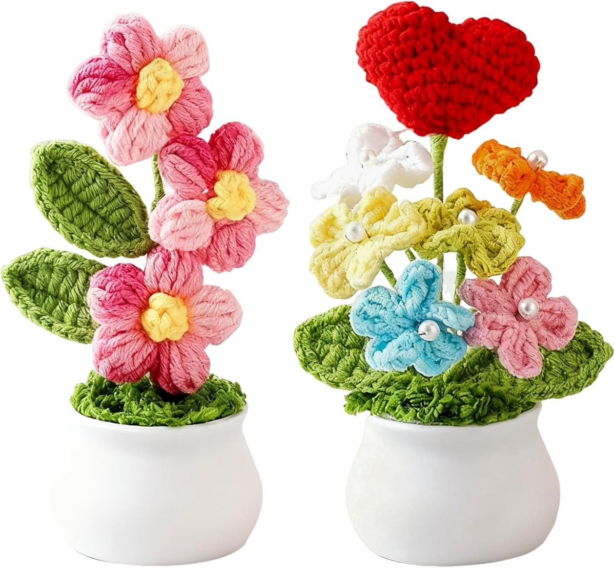 Hartvormig Gehaakt Bloemenboeket - 2 Stuks, Gehaakte Bloemen, Rode Gebreide Bloemen, Decoratieve Planten voor Thuis en Tuin
