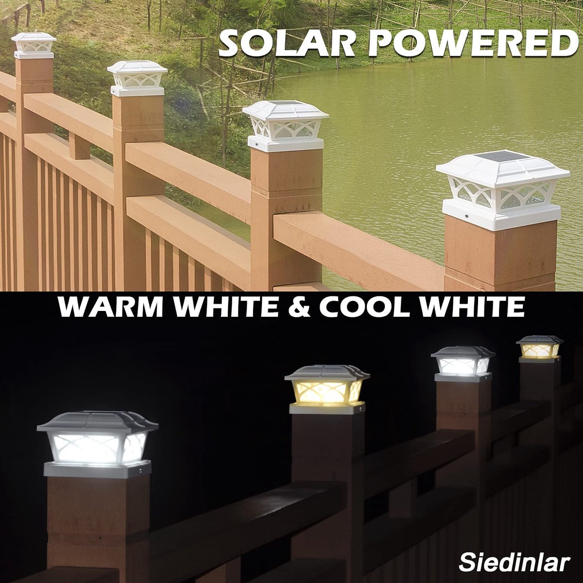 SnelShoppen - Solar Paal Kaplampen Buiten, 2 Modes Zonne-energie Waterdicht Schutting Dek Licht voor 4x4 5x5 6x6 Palen Tuin Patio Decoratie Warm Wit &