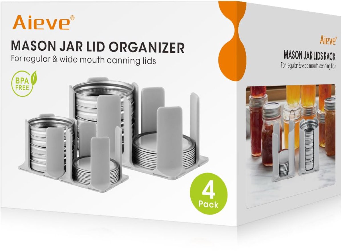 SnelShoppen - AIEVE Mason Jar Deksel Organizer 4 Pack - Inblikkende Deksel Opbergrek voor Brede en Regelmatige Monddeksels - Ideaal voor Keuken, Koken