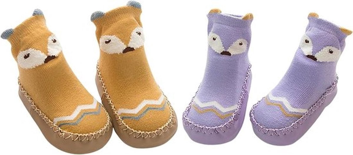 Sokkenschoenen voor baby's - Bruin en paars - Maat 14 EU - Comfortabele en zachte babysokjes